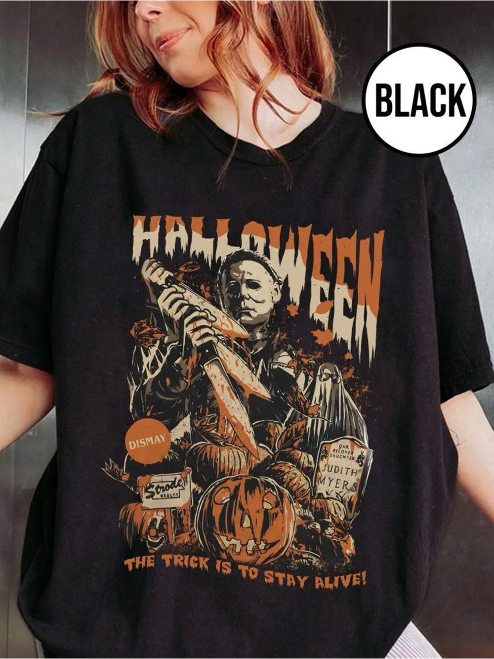 Black Halloween Graphic Tee with Orange and Cream Print